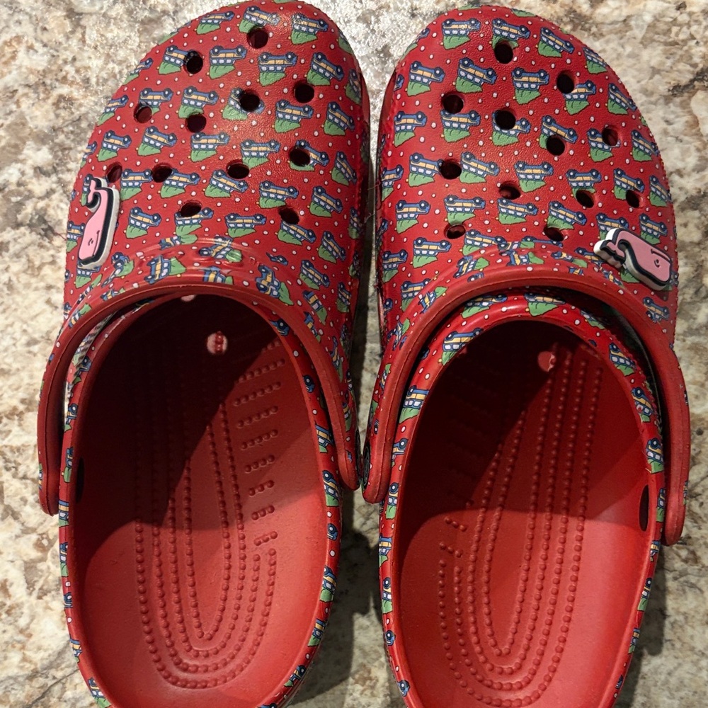 CROCS Red and Green Patterned Slippers